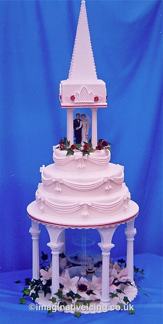 Church Spire Wedding Cake with Fountain and flowers